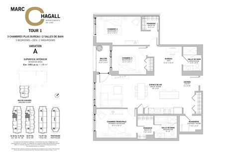 Floor plan for 3 beds, 2 baths, 1481 sqft